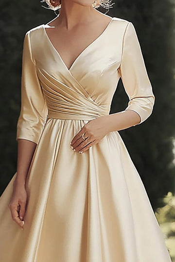 Champagne A Line 3/4 Sleeves V Neck Mother of the Bride Dress